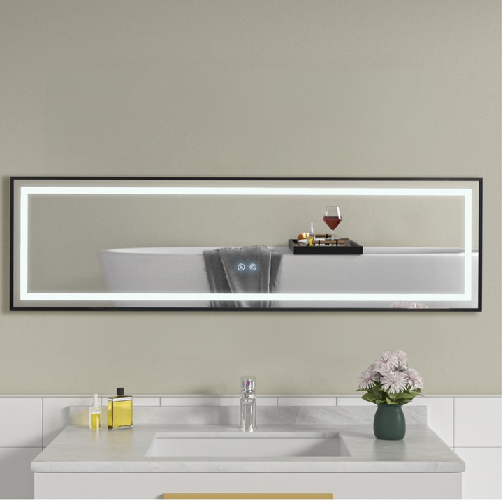 Премиум огледало за баня, LED осветление с тъчскрийн, система против запотяване, черна рамка, обръщаемо 140x40 см