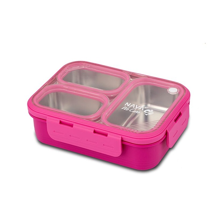 Recipient dreptunghiular pentru alimente NAVA Bento cu interior din otel inoxidabil, 800 ml, Magenta