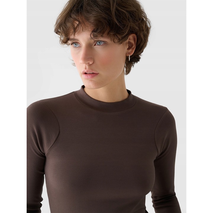 Bluza Cu Maneca Lunga Dama Slim Fit 4F, Cropped Maro, Material Sintetic Durabil, Guler Sub Gat, Sportstyle AW24