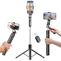 Trepied Foto Telescopic, 170 CM, Cadru din aliaj de aluminiu, Functie Selfie Stick, Telecomanda Bluetooth Detasabila, Compatibil iOS / Android, negru