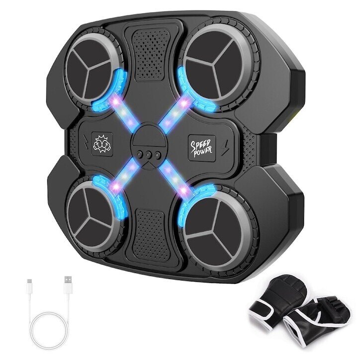 Интелигентна музикална боксова машина, Bluetooth връзка, светлинен поток, ритмични удари, интерактивни звукови ефекти, монтирана на стена, с ръкавици, за дома и фитнеса, черна