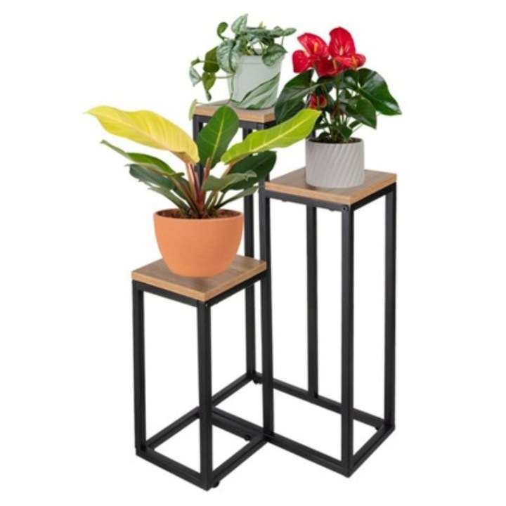 Suport pentru flori Ruhhy, 3 niveluri, metal, 67 cm, raft patrat, suport stabil pentru ghiveci, decor interior si exterior