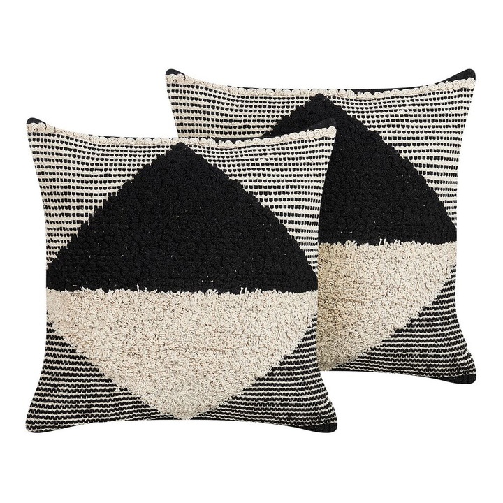 Set de 2 perne decorative din bumbac brodat bej si negru 50 x 50 cm Khora