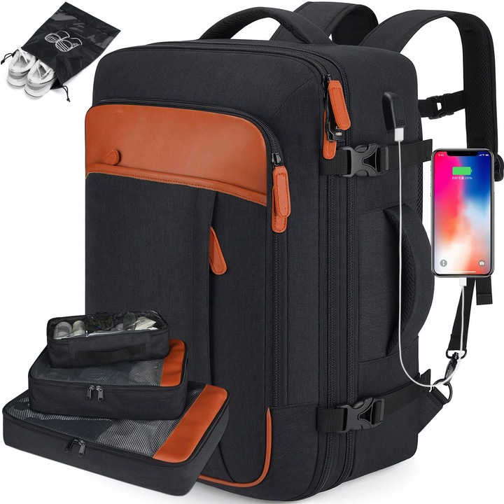 Utazó hátizsák, Luxofia, 40L, Repülési engedéllyel rendelkező kézipoggyász, USB-port, tartós cipzárak, bővíthető, vízálló, 3 csomagolókockát tartalmaz, fekete