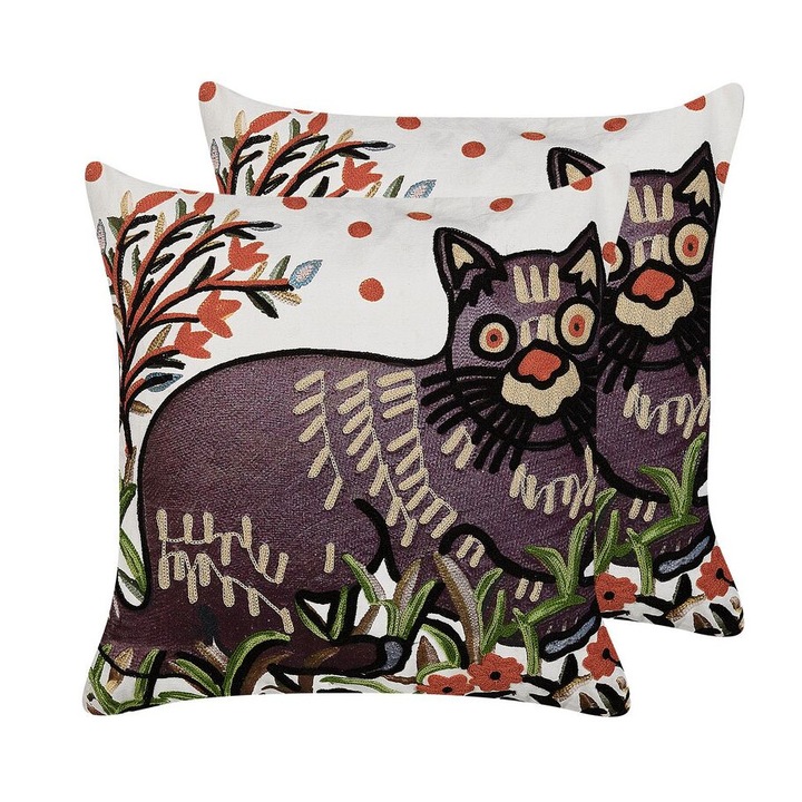 Set de 2 perne decorative multicolore din bumbac brodat 50 x 50 cm Phusro