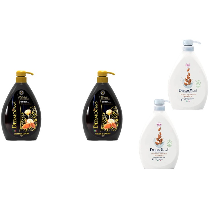 Комплект 4 x Dermomed Variety, 2 x Течен сапун 1l Арганово масло, 2 x Течен сапун 1l Keratin Almond, флорален аромат, унищожава бактериите, бързо и ефикасно, дерматологично тестван, дълготрайна свежест, максимална ефективност, премахва неприятните миризми