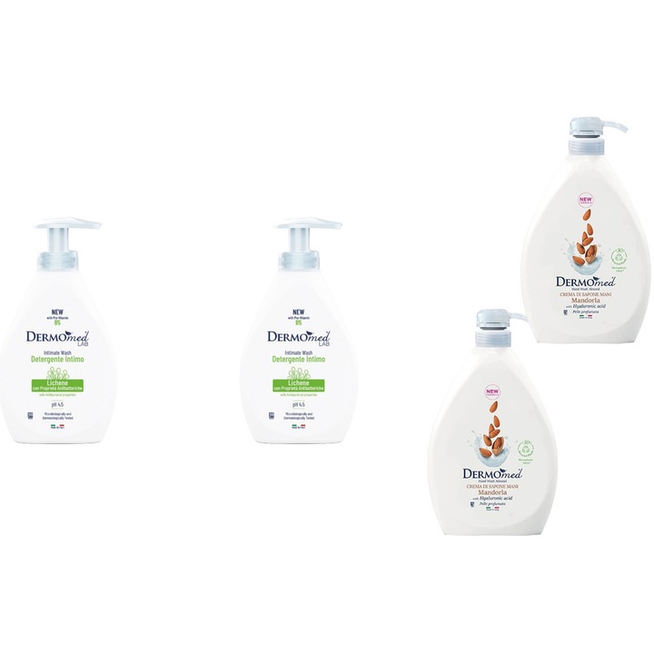 Комплект 4 x Dermomed Variety, 2 x Интимен сапун 250ml Active, 2 x Течен сапун 1l Keratin Almond, флорален аромат, унищожава бактериите, бързо и ефективно, дерматологично тестван, дълготрайна свежест, максимална ефективност, премахва неприятните миризми