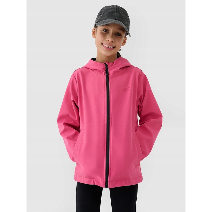 Jacheta softshell pentru fete, 4F, rezistenta la vant, gluga, poliester, roz, hidrofob
