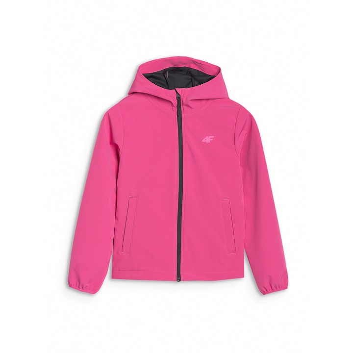 Jacheta softshell pentru fete, 4F, rezistenta la vant, gluga, poliester, roz, hidrofob