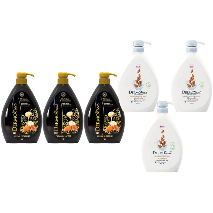 Комплект 6 броя Dermomed Variety, 3 x Течен сапун 1l Арганово масло, 3 x Течен сапун 1l Keratin Almond, флорален аромат, унищожава бактериите, дерматологично тестван, дълготрайна свежест, максимална ефективност, премахва неприятните миризми
