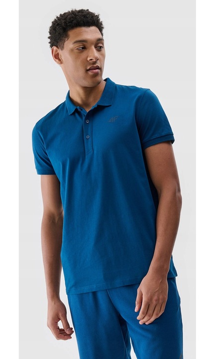 Férfi galléros póló 4F, türkizkék, 100% pamut, normál szabású, Türkiz