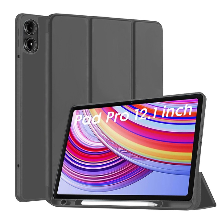Защитен калъф с флип капак за таблет, съвместим с Xiaomi Redmi Pad Pro 4G/5G/Poco Pad, Flex Trifold, със стойка, слот за писалка, TPU, черен