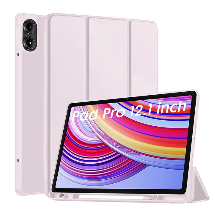 Защитен калъф тип флип кавър за таблет, съвместим с Xiaomi Redmi Pad Pro / Redmi Pad Pro 5G / Poco Pad, Flex Trifold, със стойка, слот за писалка, TPU, розов