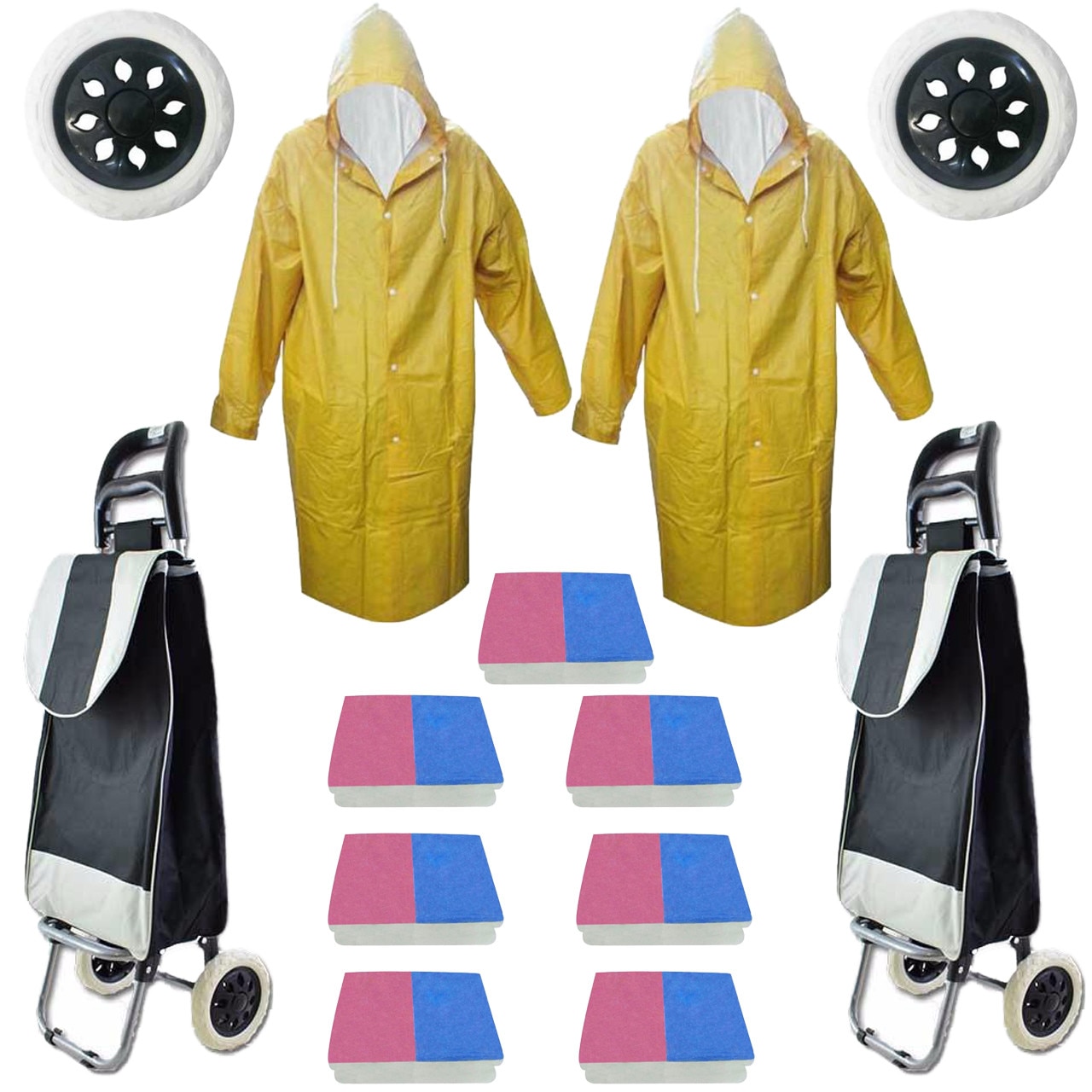 Pachet - 2 x Carut piata, 2 roti, Negru, Carucior cumparaturi cu sac, suporta 20kg + 2 x Pelerina de ploaie impermeabila, Galbena + 2 x Roata spuma pentru carut + 7 x Set bureti vase Hillox (2buc./set)