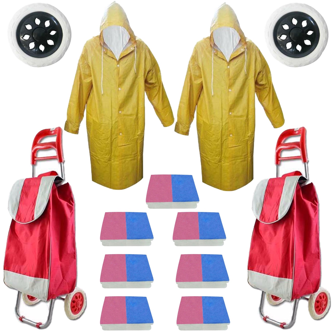Pachet - 2 x Carut piata, 2 roti, Rosu, Carucior cumparaturi cu sac, Suporta 20 Kg + 2 x Pelerina de ploaie impermeabila, Galbena + 2 x Roata spuma pentru carut + 7 x Set bureti vase Hillox (2buc./set)