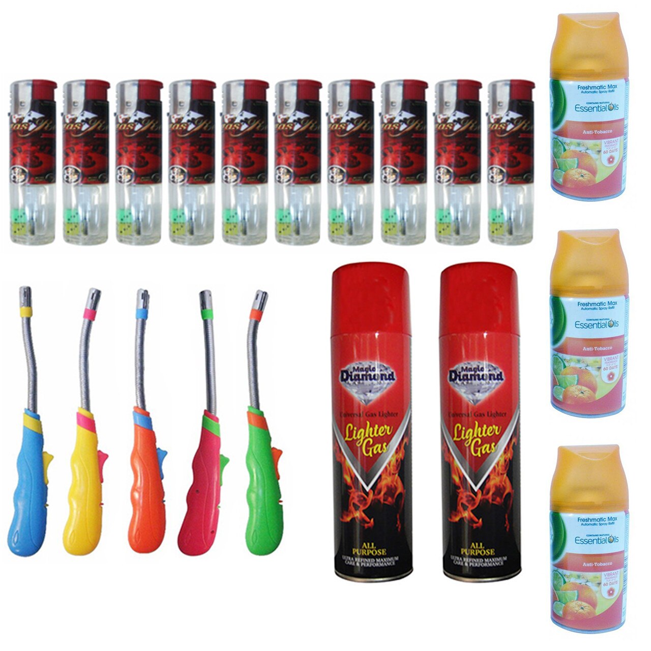 Pachet - 10 x Bricheta rosie cu zaruri + 5 x Bricheta cu prelungitor flexibil, diverse culori + 2 x Tub de gaz, 270ml + 3 x Rezerva odorizant camera, Air Wick Anti-Tabac, 250ml