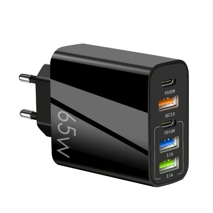 Incarcator rapid multiport USB-C 65W, 5 porturi, tehnologie QC3.0, negru
