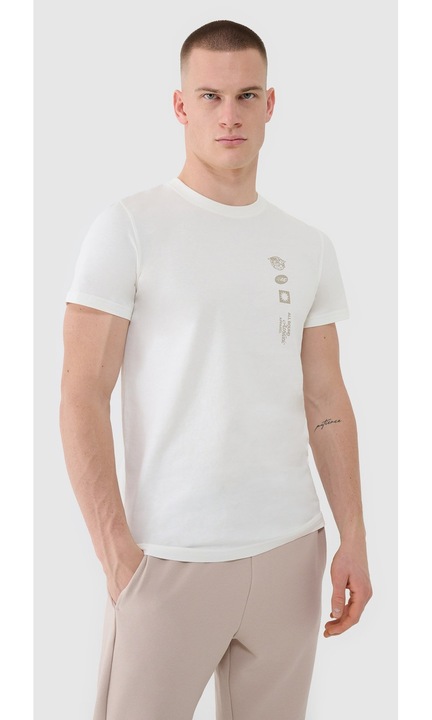 Férfi 4F póló, normál szabású, 100% pamut, sportos minta, bézs2, Fehér