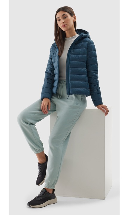 Geaca Puf Femei Sportstyle Verde Azur 4F, Gluga Integrata, Impregnare Hidrofoba, Usor de Ingrijit