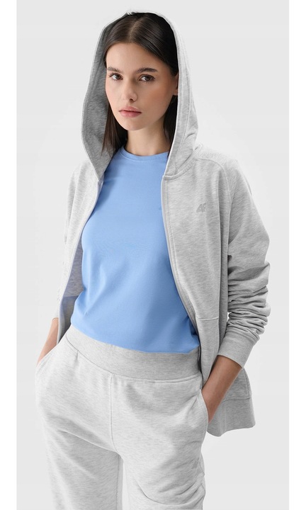 4F női pulóver, szürke, cipzár, kapucni, pamut