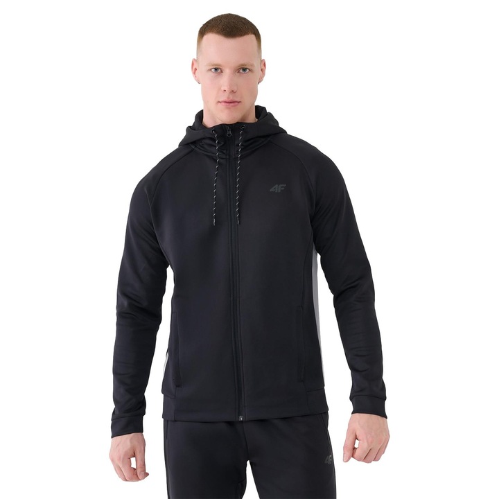 Férfi kapucnis pulóver 4F, fekete, állítható kapucnival, szintetikus, fekete