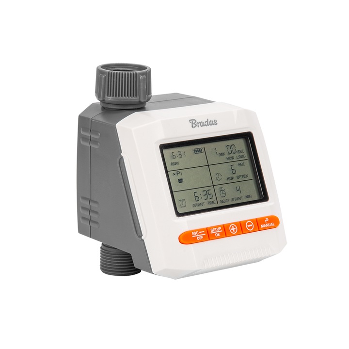 Програматор за поливане Bradas, електронен, 3 програми, бял, с LCD дисплей