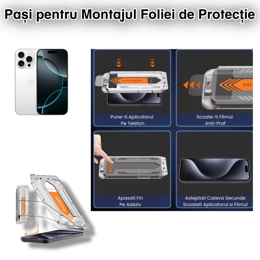 Set 2 Folii Pentru iPhone 16 Pro/ iPhone 17 Transparent HD, Sticla 9H, Fara Margini Negre, EasyApp, Anti-Zgarieturi