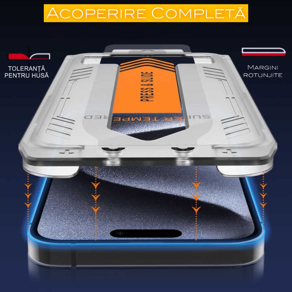 Set 2 Folii Pentru iPhone 16 Pro/ iPhone 17 Transparent HD, Sticla 9H, Fara Margini Negre, EasyApp, Anti-Zgarieturi