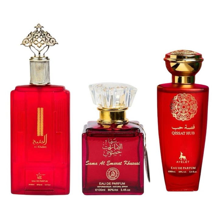 Eau de Parfum készlet, Al Khaleej / Sama Al Emarat Khususi / Qissat Hub Red, női, 3x100 ml
