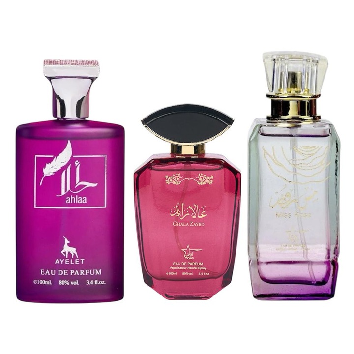 Eau de Parfum szett, Ahlaa / Ghala Zayed / Miss Rose, női, 3x100 ml