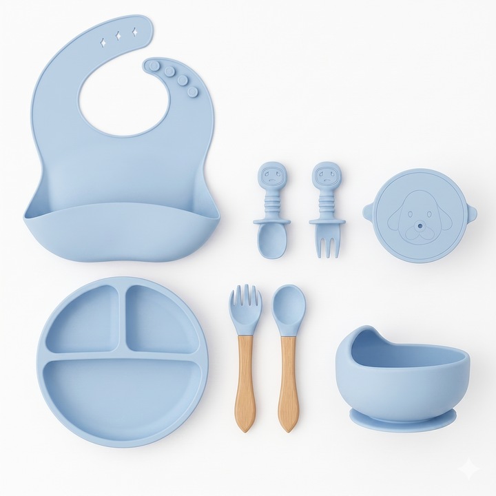 Set diversificare bebelusi din Silicon, Brivoo®, farfurie cu ventuza, bol, tacamuri, cana, albastru