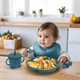 Set diversificare bebelusi din Silicon, Brivoo®, farfurie cu ventuza, bol, tacamuri, cana, albastru pastel