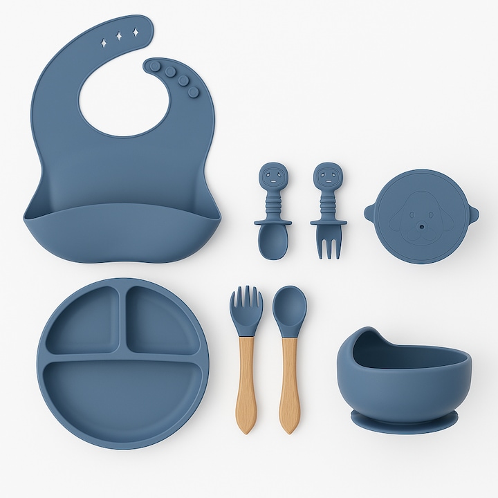 Set diversificare bebelusi din Silicon, Brivoo®, farfurie cu ventuza, bol, tacamuri, cana, albastru pastel