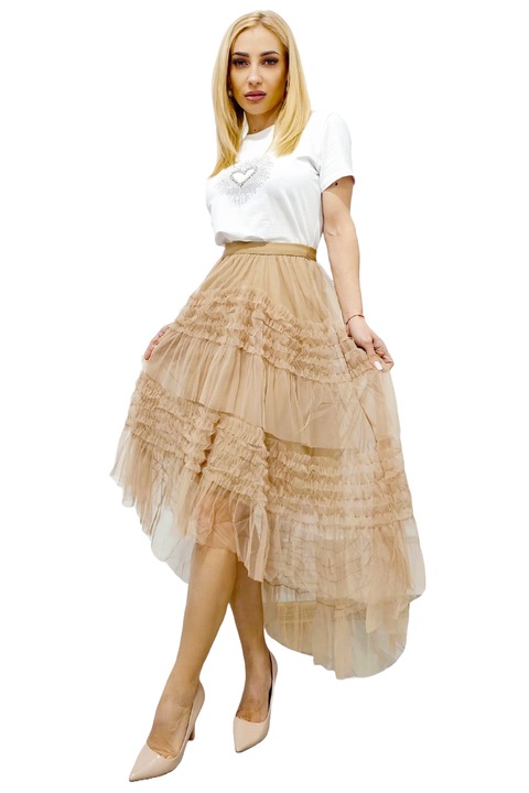 FHAYE асиметрична пола, с волани и обем, бежова, универсален размер S/M, FashionForYou