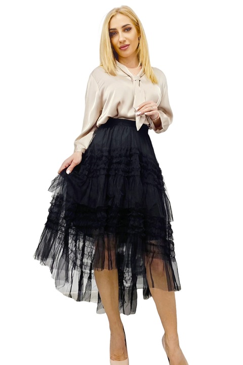 FHAYE асиметрична пола, с волани и обем, Черна, Универсален размер S/M, FashionForYou