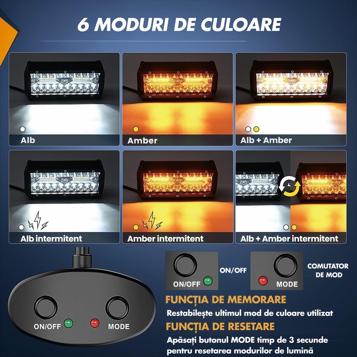 Set 2 Proiectoare Auto LED Offroad Beefriendly, 6 Moduri de Culoare Alb-Galben, Sistem de Control Remote si Kit Cablaj, 120W, Waterproof IP67, Lampa Potrivita pentru Masina, SUV, ATV, Tractor, Utilaje, Camion