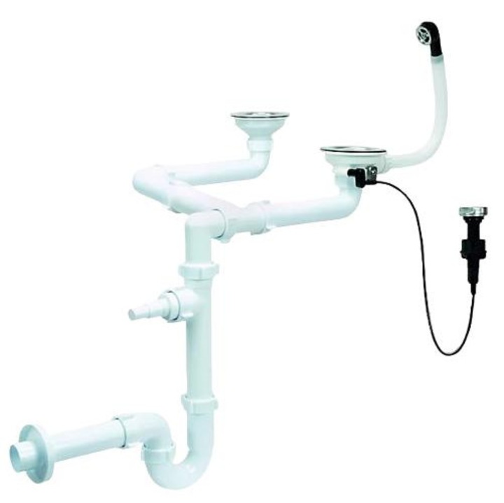 Sifon dublu pentru chiuveta, Aniplast, Plastic, 115 mm, Alb