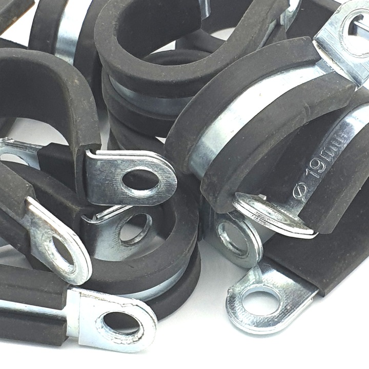 Set 10 clips P din otel zincat cu captuseala din cauciuc, 19mm, PEPTE