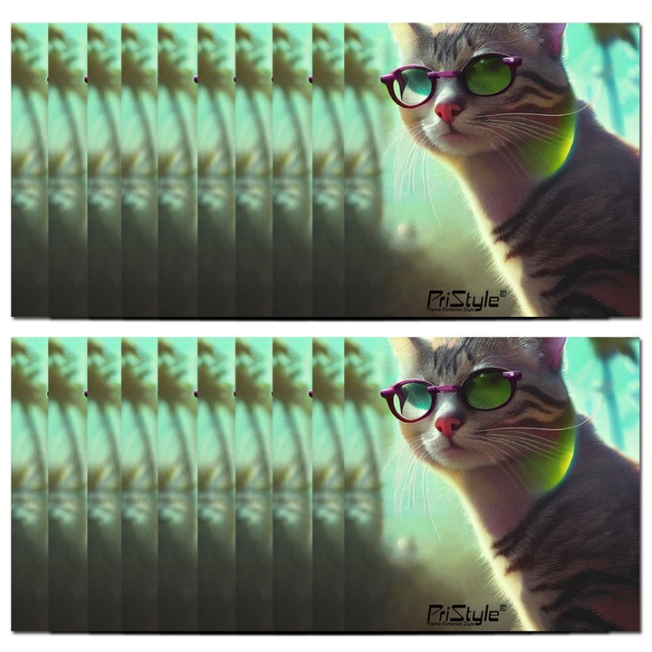 Set 20 Lavete Premium pentru Ochelari de Sticla si Plastic, Lentile Contact si Telefon, cu Imprimeu Pisica Cocheta Cu Ochelari, Pristyle®, 15x15cm