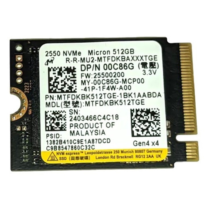 SSD Micron 2550 512GB NVMe PCIe Gen4 x4, M.2 2230, read/write 5000/4000 MBs