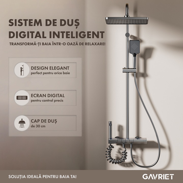 Coloana de Dus Gavriet™ Smart, Ecran LED, 75-140 cm Inaltime, Afisare Temperatura si Temporizator, Dus Vertical, 2 Pare de Dus, 3 Moduri Pulverziare, Robinet, Fara Priza Electrica, Materiale Premium, 4 Carlige Adezive, Aluminiu, Gri Inchis