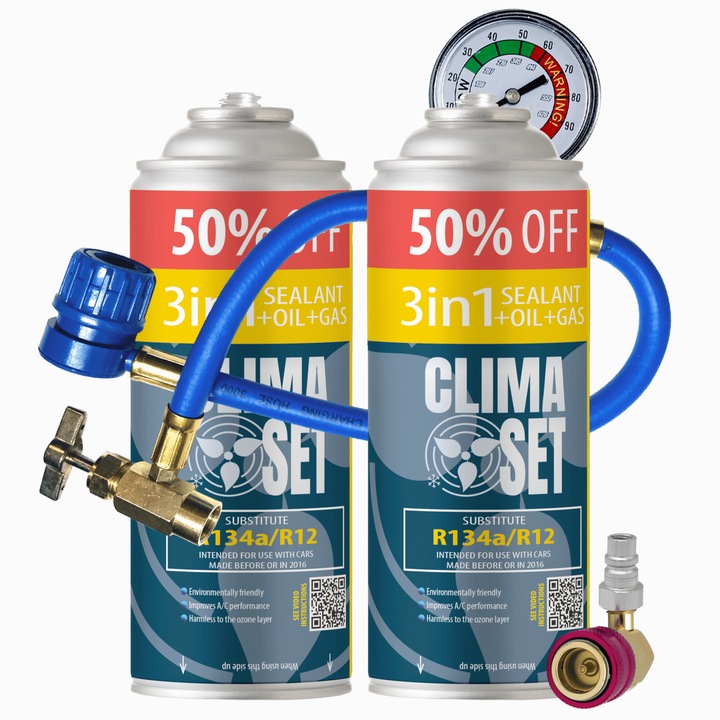 Комплект за зареждане на климатик, Clima Set 3in1 R134a 2x 626g, с манометър, HP/LP адаптер