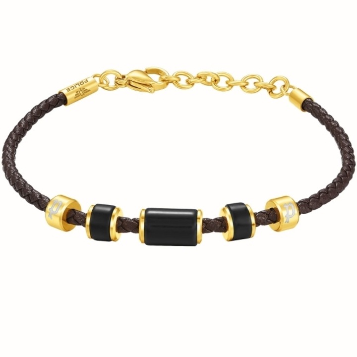 Bratara Police din piele cu onix PEAGB0032202, Auriu, Maro