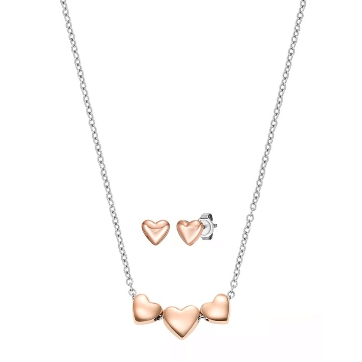 Set bijuterii Fossil cu inimi JGFTSET1086, Argintiu, Rose gold