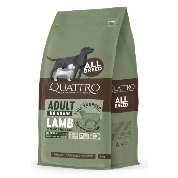 Mancare pentru caini Quattro No Grain, Pentru caini de toate rasele, Cu miel, 12 kg