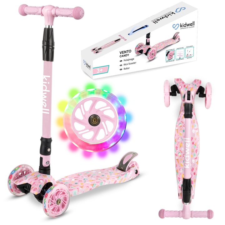 Trotineta Kidwell VENTO, 3 roti, design unic, cu lumini LED, pentru copii 90-155 cm, greutate maxima 50 kg