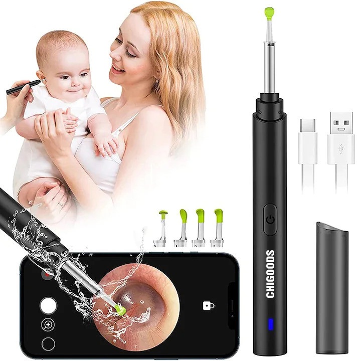 Otoscop, CHIGOODS, dispozitiv de curatare a urechilor cu camera UltraHD, conexiune WIFI prin aplicatie dedicata, impermeabil IP67, incarcare USB, dezinfectie automata, negru