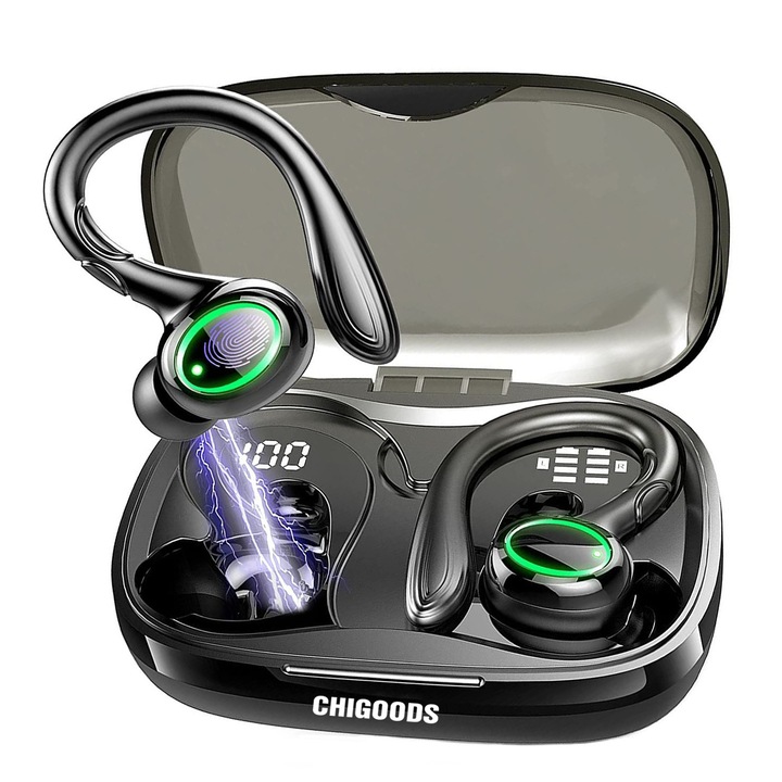 Pro Run 2 vezeték nélküli sport fejhallgató, CHIGOODS, Bluetooth 5.1, többpontos, zajszűrés, érintésvezérlés, levehető akasztók, LED kijelző, HD mikrofonok, IPX7 vízállóság, fekete