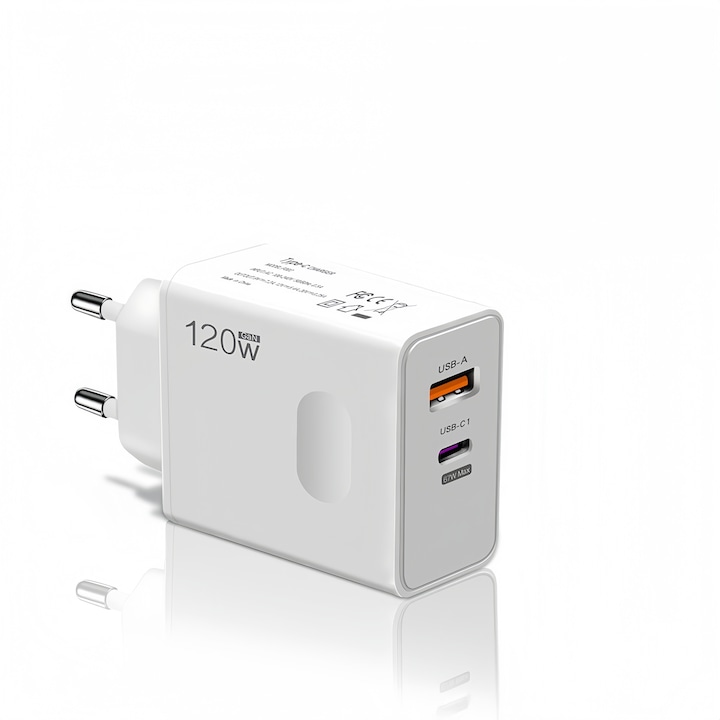 Töltőadapter mobiltelefonokhoz és táblagépekhez, 120 W-os dupla gyorstöltő PD adapter, 1 USB port + 1 PD port