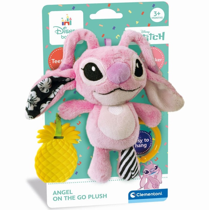 Плюшена играчка Baby Clementoni, Ангелче на Дисни Стич с дрънкалка, Розов